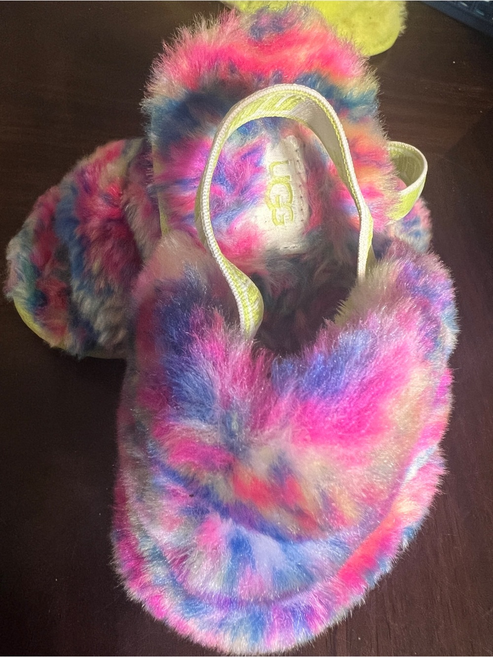 UGG Kids Rainbow Faux Fur Slip-On Slippers with Yellow Strap